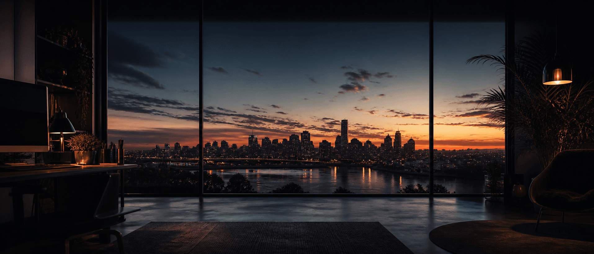A cinematic creative studio overlooking Brisbane at dusk